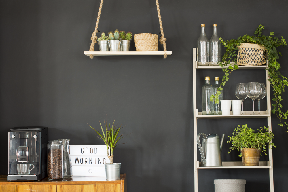 wood ladder with plants and cups, hanging shelf with plants, floor shelf with coffee maker